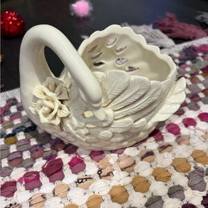 Vintage MCM White Porcelain Swan With Roses Planter, Bowl